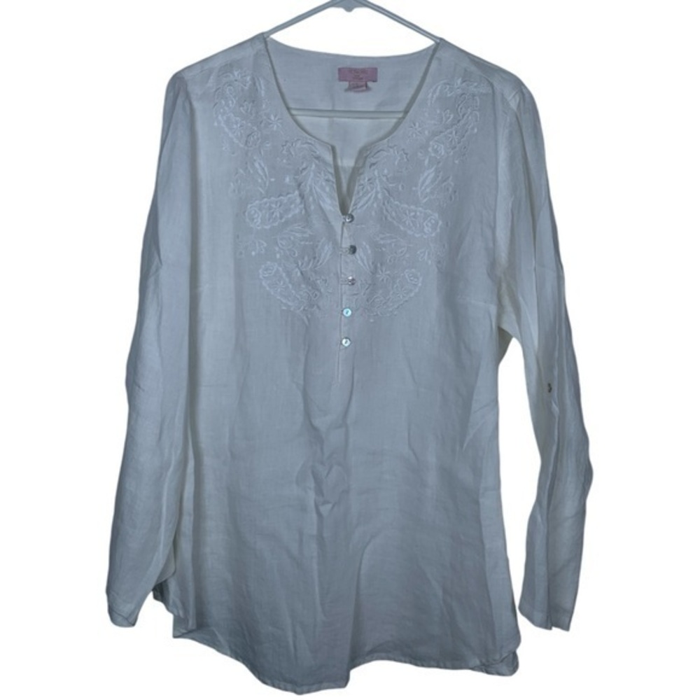 St. Tropez West White 100% Linen Embroidered L/S Blouse Size 1X EUC #VEG-0305